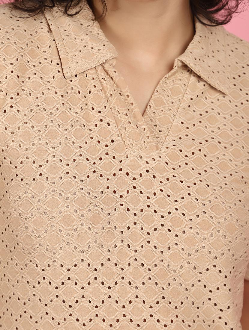 women beige schiffli work collared top - 21176596 - Standard Image - 5