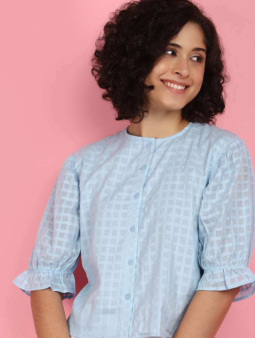 women light blue round neck self design top - 21176604 -  Standard Image - 3