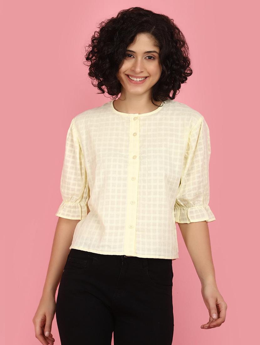 women yellow round neck self design top
