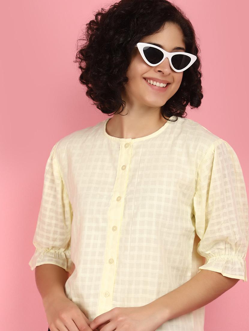 women yellow round neck self design top - 21176605 - Standard Image - 3