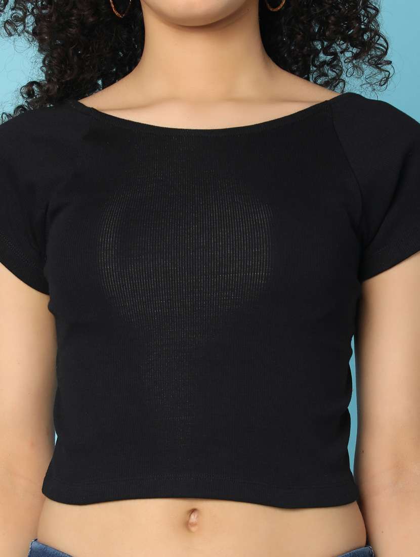 Women Solid Boat Neck Crop Top - 21176904 -  Standard Image - 5