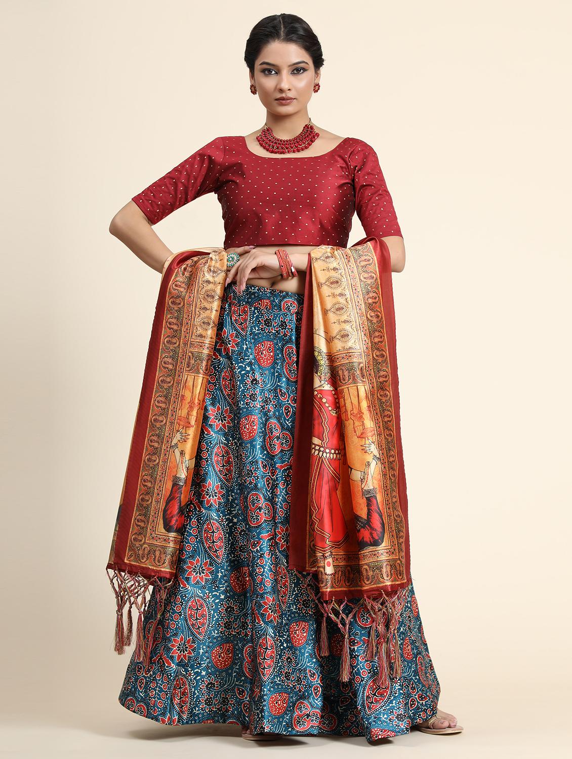 navy blue satin blend flared lehenga - 21178038 - Zoom Image - 0