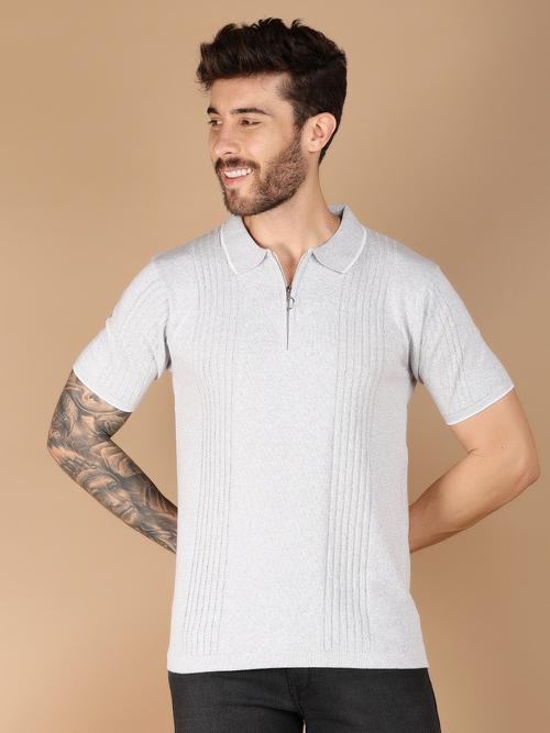 grey melange jacquard front print tshirt - 21178104 - Standard Image - 0