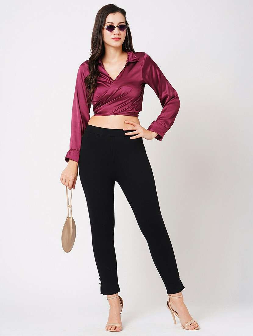 globus women black stretchable mid-rise woven skinny fit workwear treggings - 21178313 - Zoom Image - 0