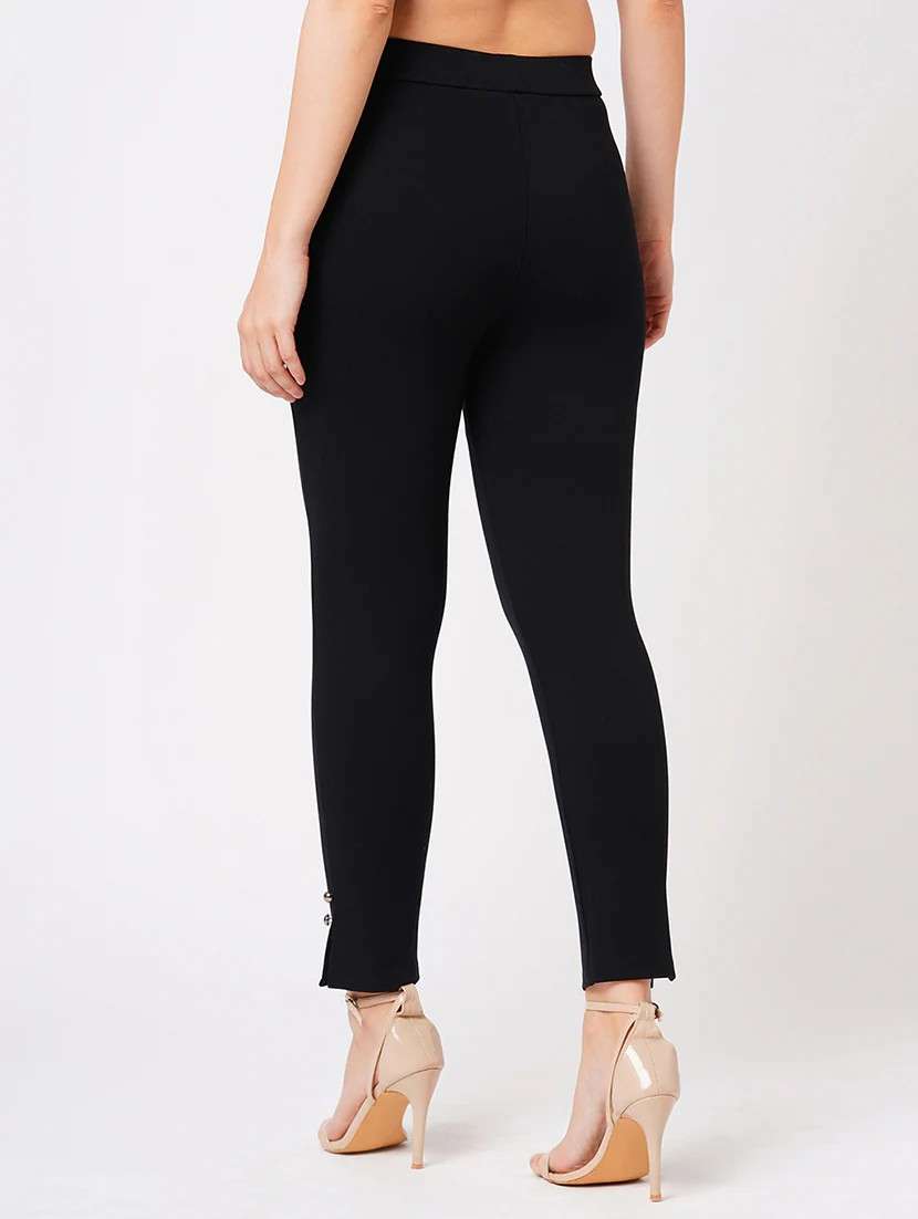 globus women black stretchable mid-rise woven skinny fit workwear treggings - 21178313 - Standard Image - 3