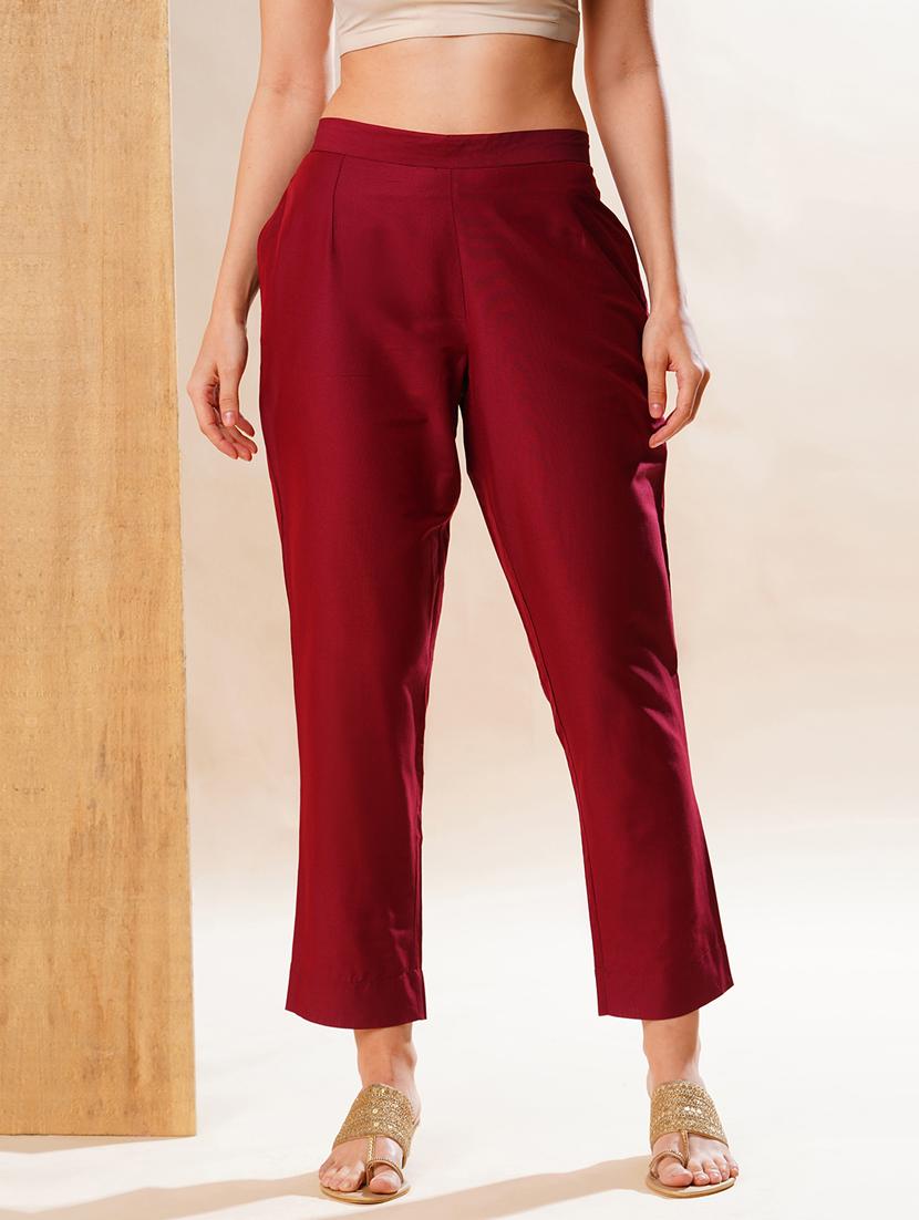 globus women maroon back elasticated mid-rise flat front festive pants - 21178321 - Zoom Image - 0
