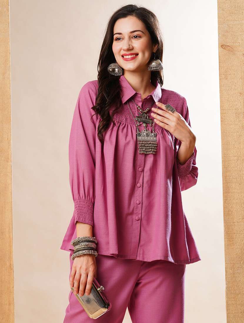 globus women purple shirt collar smocked yoke solid top & straight pants fusion co-ord set - 21178322 -  Standard Image - 3