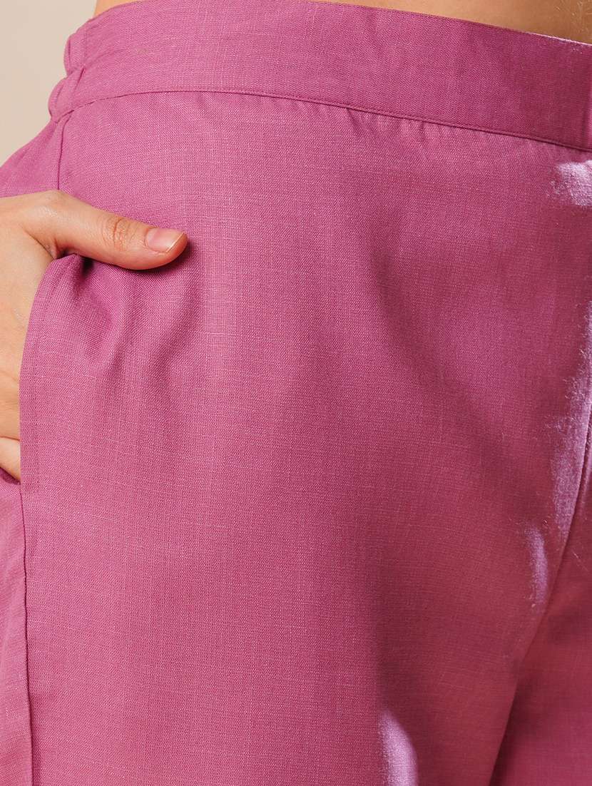 globus women purple shirt collar smocked yoke solid top & straight pants fusion co-ord set - 21178322 -  Standard Image - 5