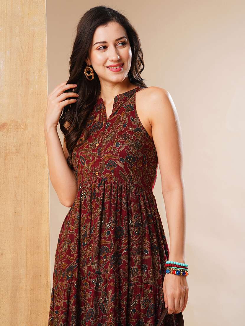 globus women maroon mandarin collar allover floral print tiered fit & flare fusion maxi dress - 21178324 -  Standard Image - 3
