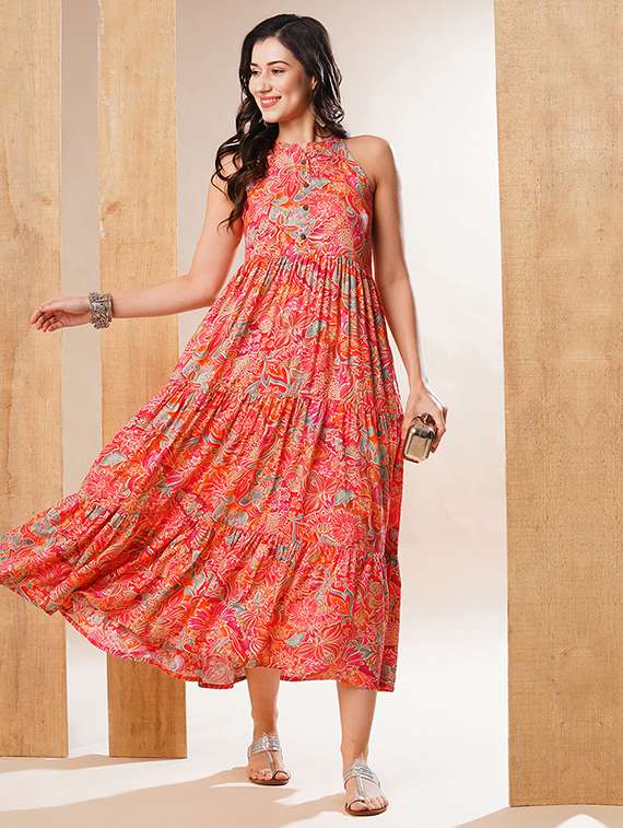 globus women multi mandarin collar allover floral print tiered fit & flare fusion maxi dress - 21178325 - Zoom Image - 0