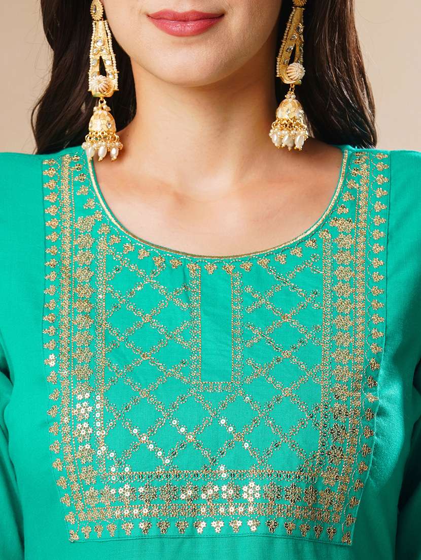 globus women green embroidered yoke a-line festive kurta with dupatta & pant set - 21178333 -  Standard Image - 3