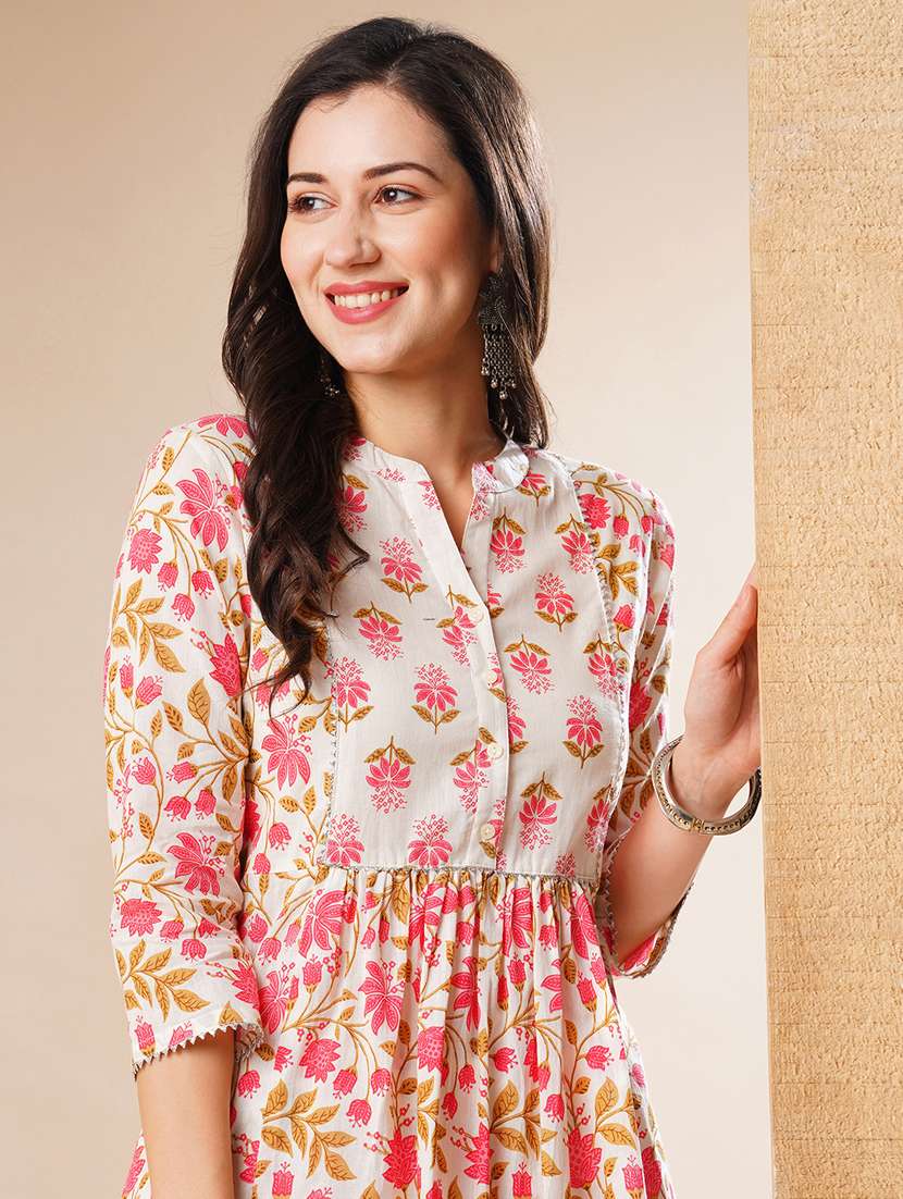globus women off-white floral print mandarin collar a-line workwear kurta & trouser set - 21178338 -  Standard Image - 3