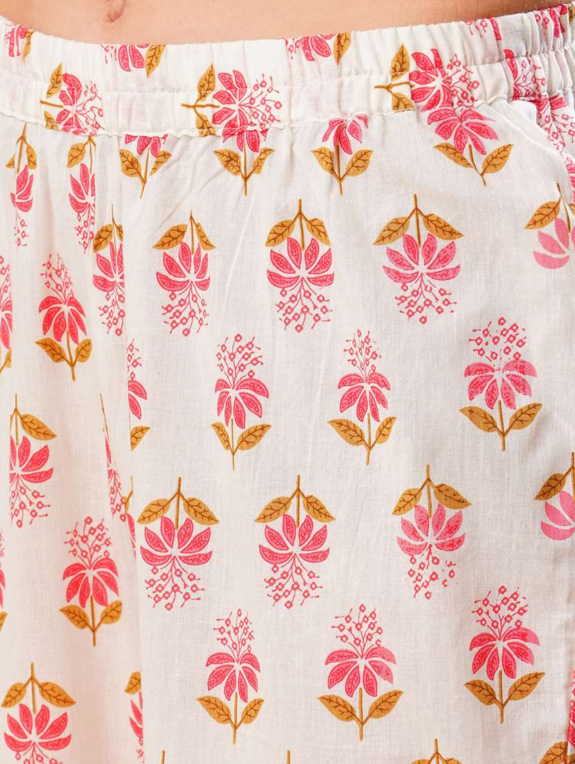 globus women off-white floral print mandarin collar a-line workwear kurta & trouser set - 21178338 -  Standard Image - 5