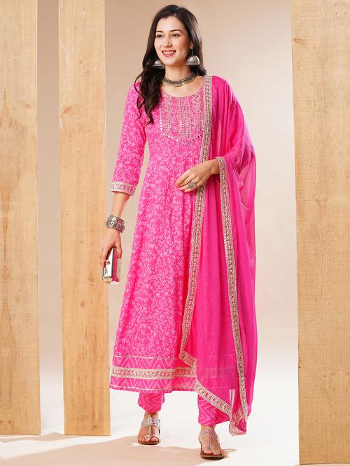 globus women pink embroidered yoke floral anarkali festive kurta & trouser set - 21178341 - Standard Image - 0
