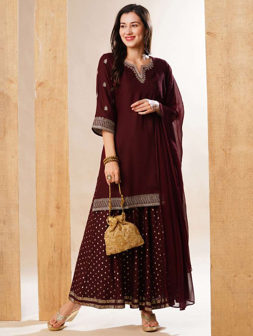 globus women maroon embroidered neckline straight festive kurta set with palazzos & dupatta
