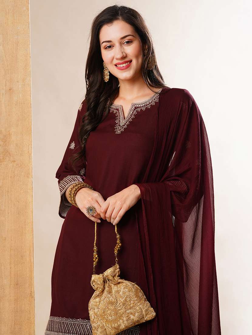 globus women maroon embroidered neckline straight festive kurta set with palazzos & dupatta - 21178342 -  Standard Image - 3