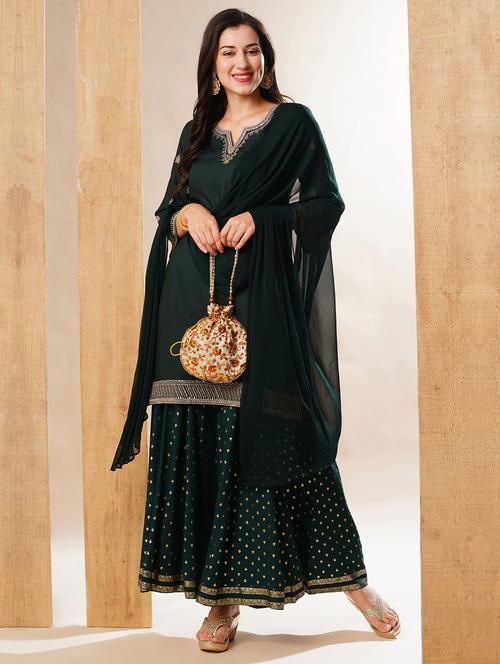 globus women green embroidered neckline straight festive kurta set with palazzos & dupatta - 21178343 -  Standard Image - 0