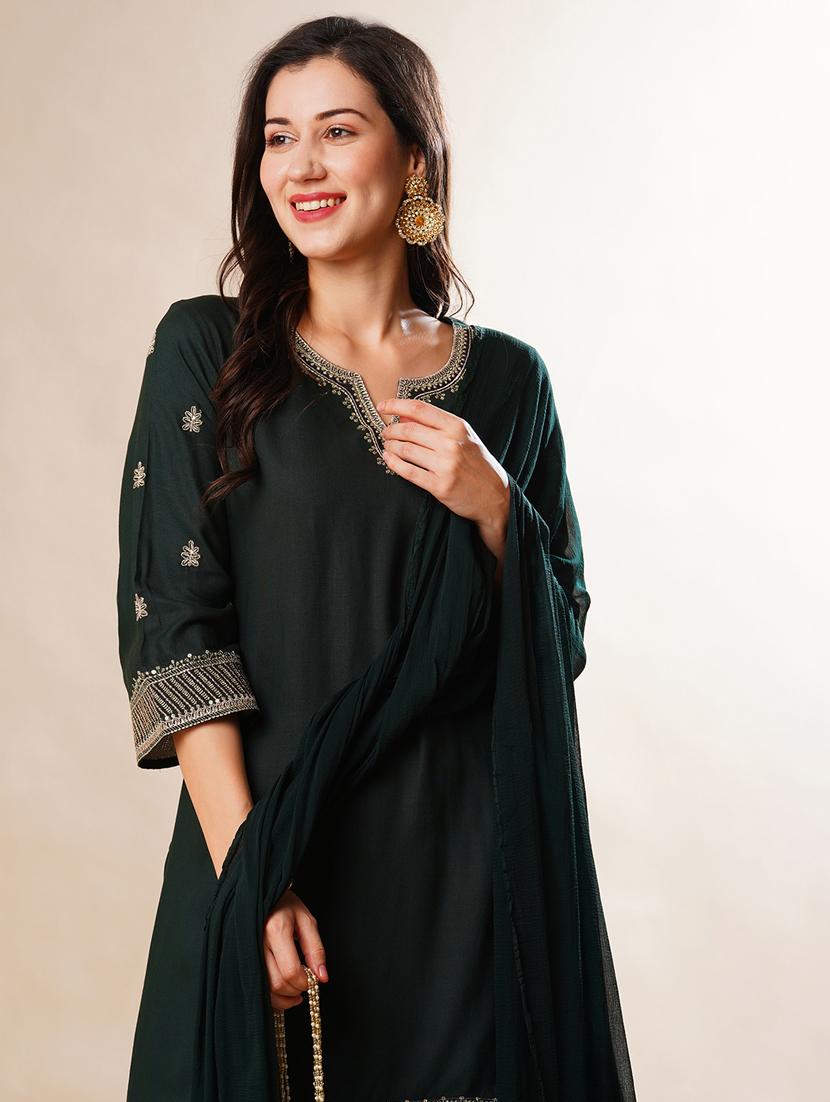 globus women green embroidered neckline straight festive kurta set with palazzos & dupatta - 21178343 - Standard Image - 3