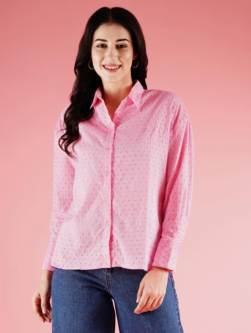 globus women pink cuffed sleeves schiffli design longline workwear shirt - 21178355 - Zoom Image - 0