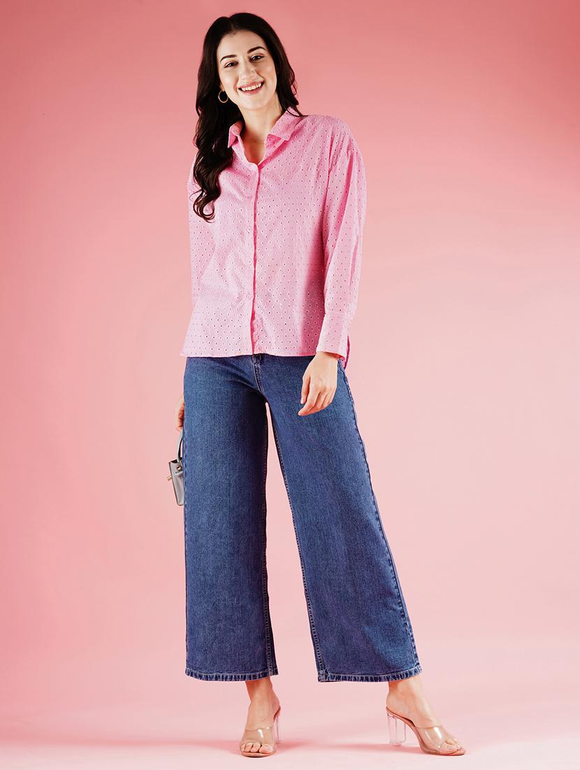 globus women pink cuffed sleeves schiffli design longline workwear shirt - 21178355 - Standard Image - 3