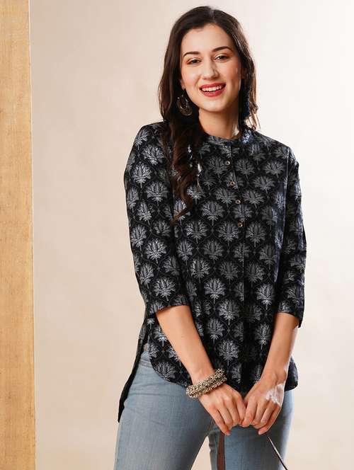 globus women black allover floral printed mandarin collar high low hem a-line workwear tunic - 21178358 -  Standard Image - 0