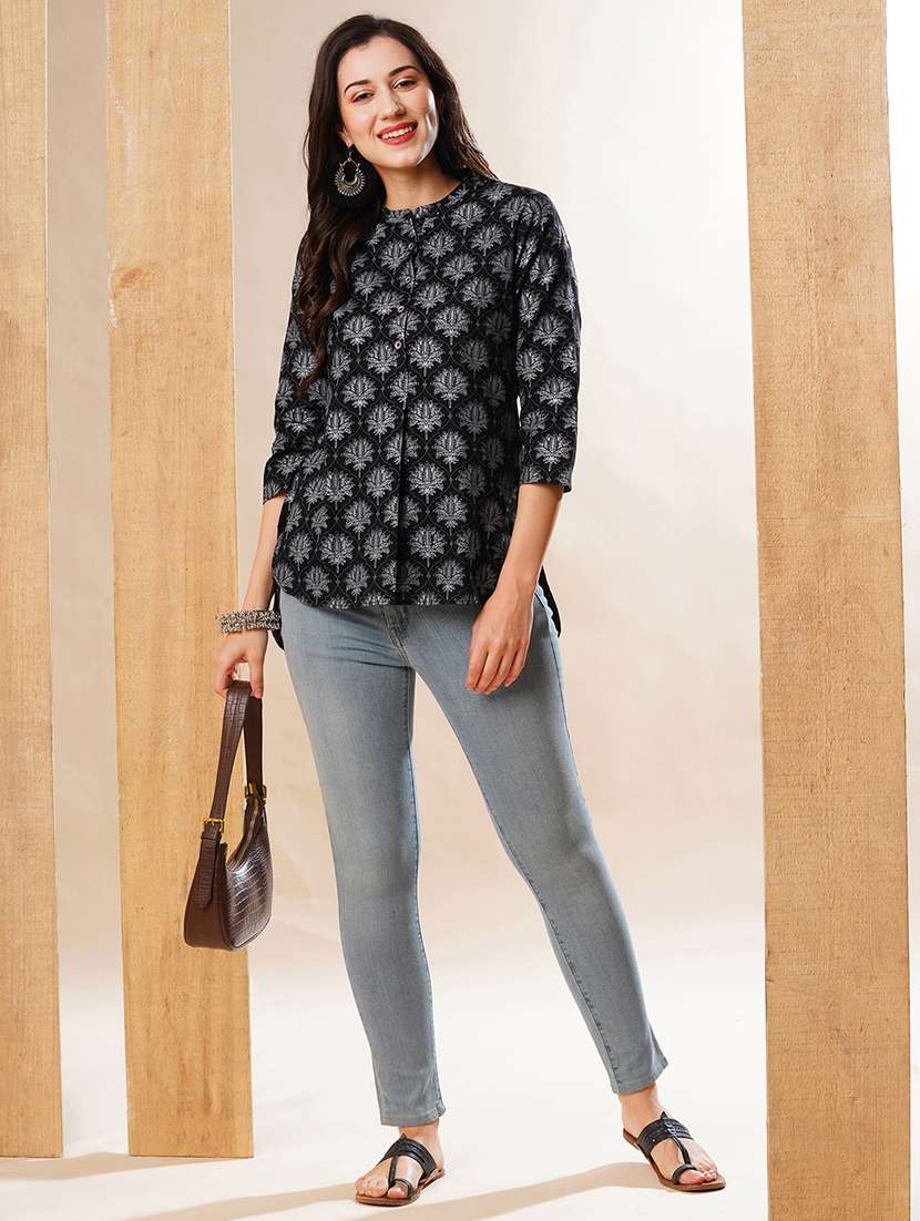 globus women black allover floral printed mandarin collar high low hem a-line workwear tunic - 21178358 - Standard Image - 3