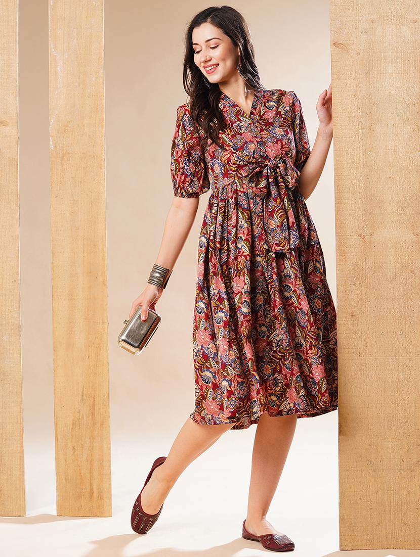 globus women multi v-neck puff sleeves gathered waist bow design fit & flare fusion midi dress - 21178363 - Zoom Image - 0
