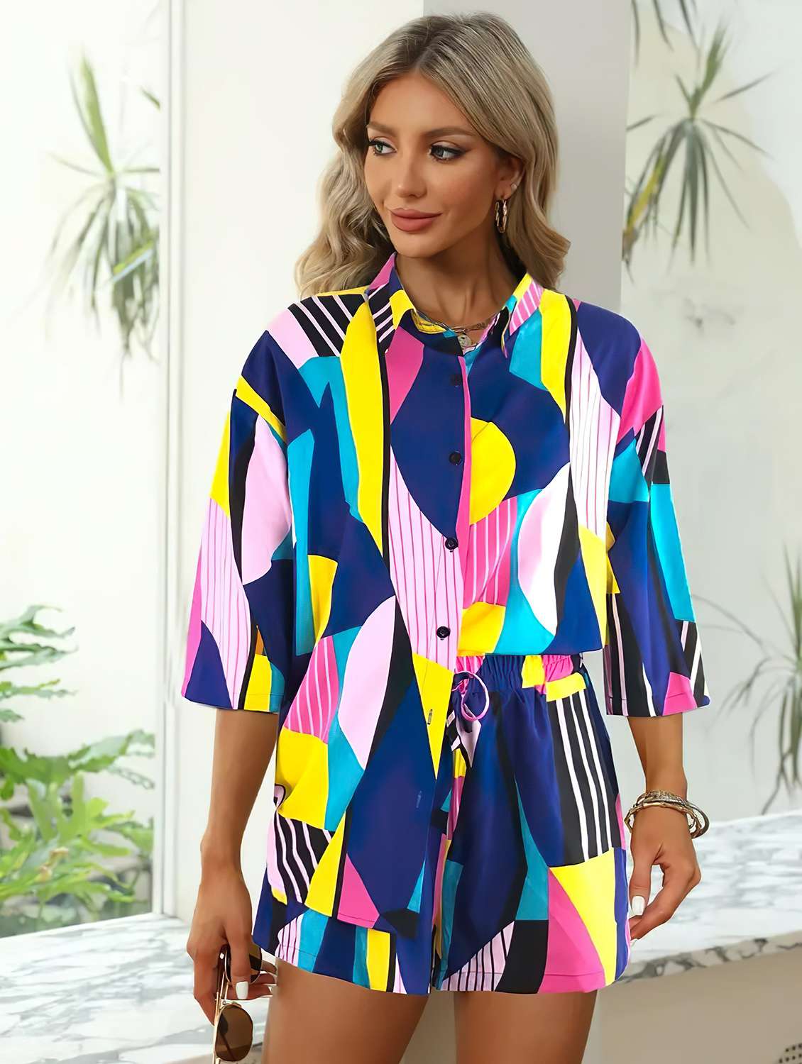navy blue polyester top and shorts co-ord set - 21179013 -  Zoom Image - 0