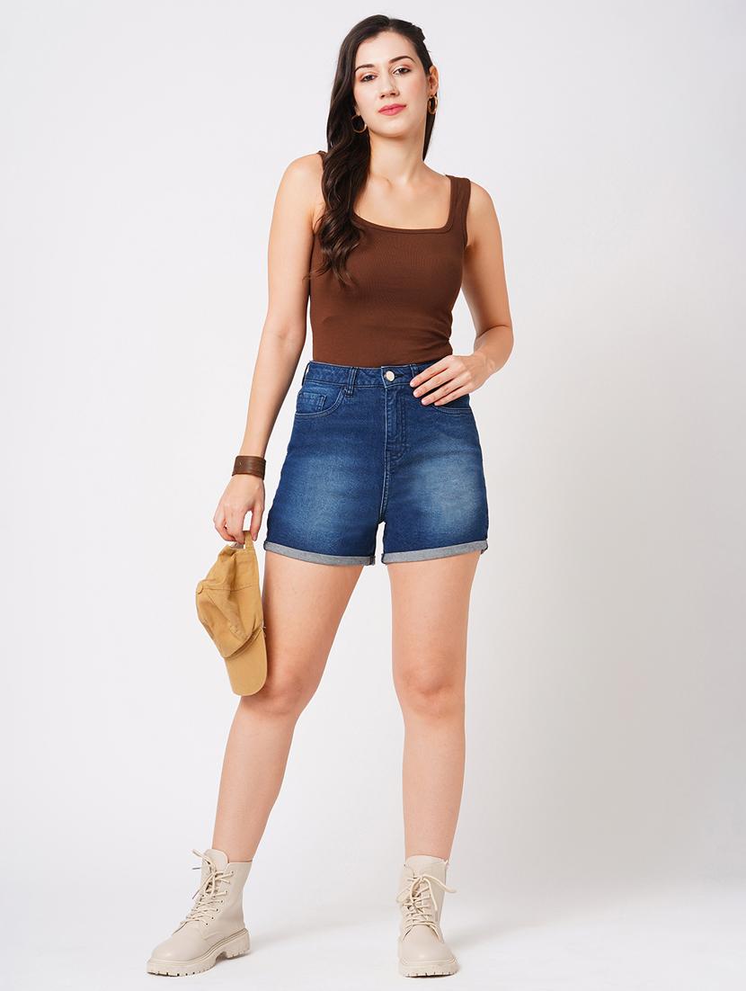 globus women dark blue stretchable mid-rise slim fit washed denim shorts - 21179707 - Standard Image - 3