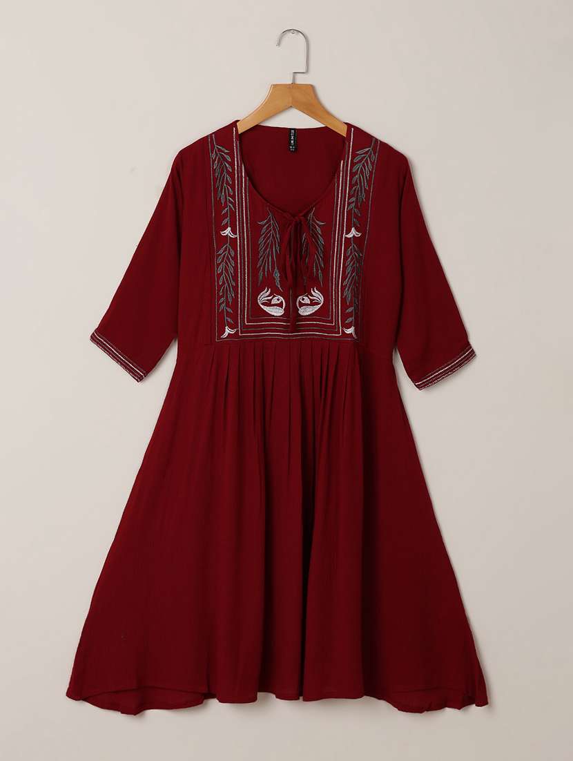 girls maroon embroidered a-line dress