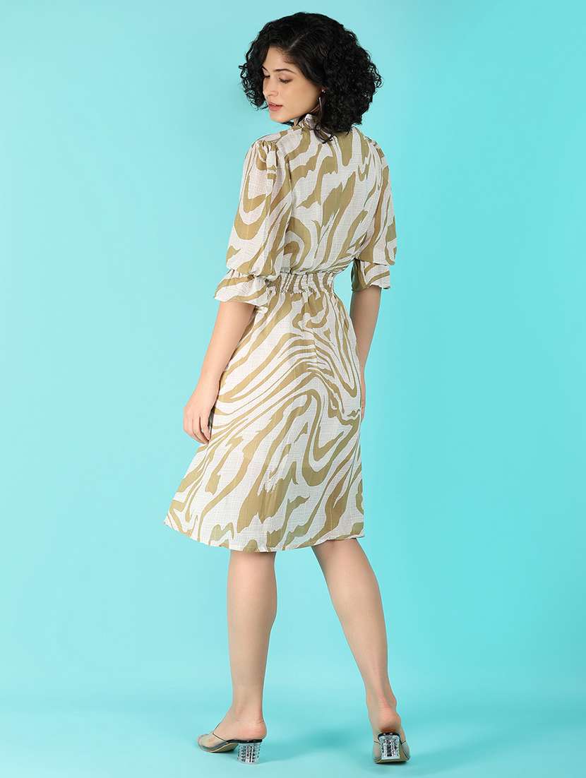 women printed mandrain neck a-line dress - 21180795 -  Standard Image - 3