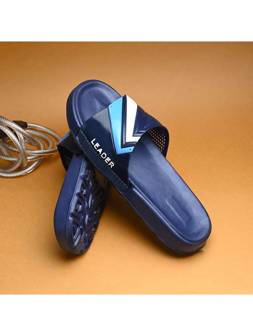 blue synthetic slip on flip flops