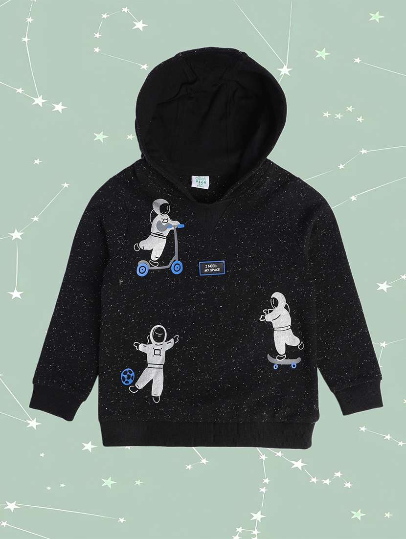 black cotton blend front print sweatshirt