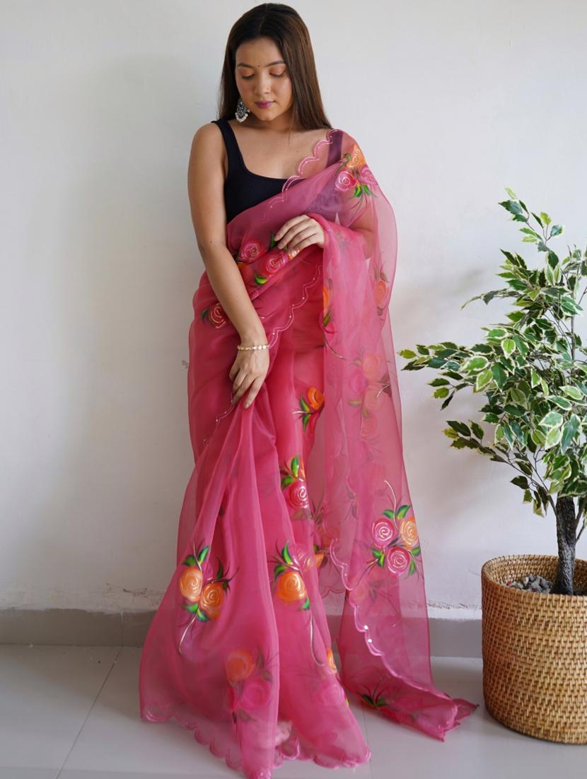 women pink floral printed saree with blouse