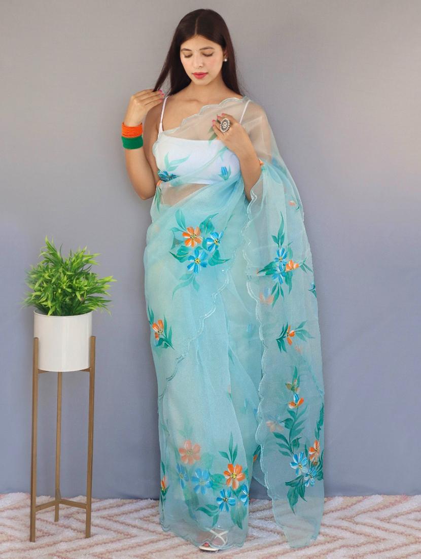women light blue floral printed saree with blouse