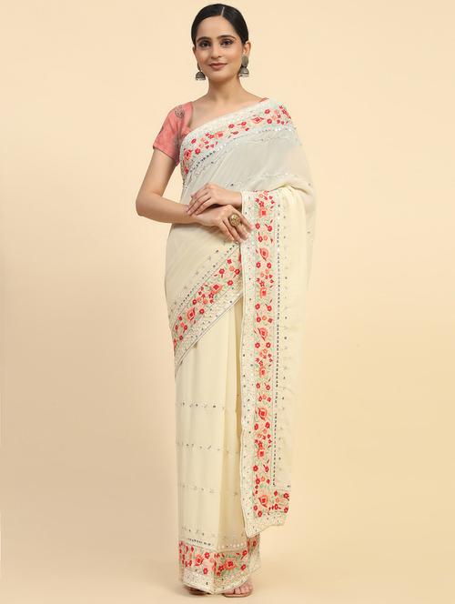 women cream sequin embroidered lace work saree with blouse - 21184100 -  Standard Image - 0