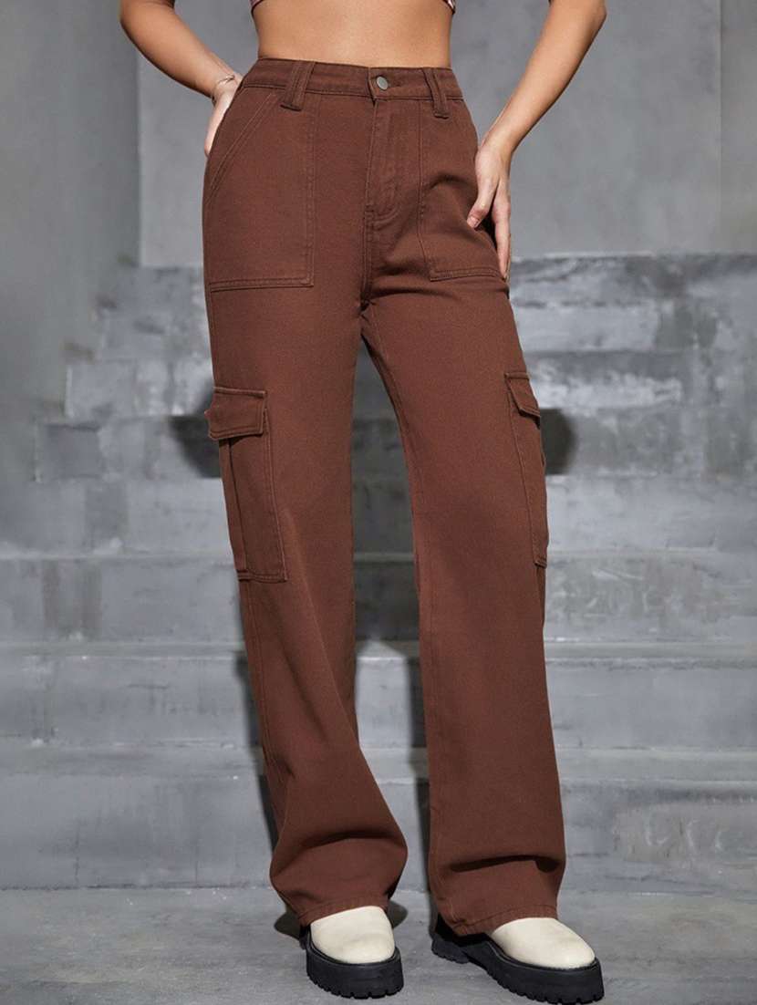 women brown denim cargo jeans