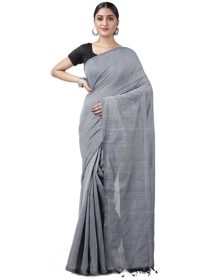 grey cotton blend handloom saree - 21185035 - Zoom Image - 0