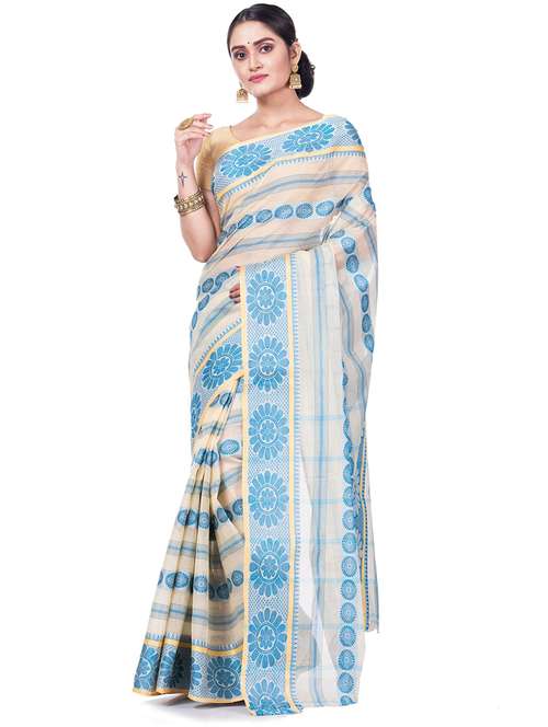 white self-designed tant saree - 21185109 - Standard Image - 0