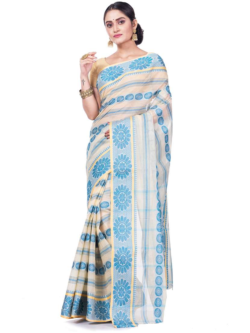 white self-designed tant saree - 21185109 - Zoom Image - 0