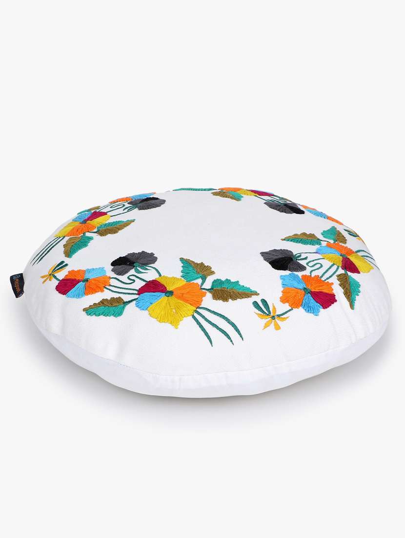 mezposh white & multi floral embroidered cotton canvas cushion covers (16 inch dia) set of 2 - 21186020 - Standard Image - 3