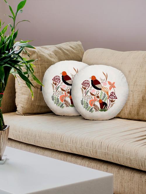 mezposh natural & multi quirky embroidered cotton canvas cushion covers (16 inch dia) set of 2 - 21186028 -  Standard Image - 0