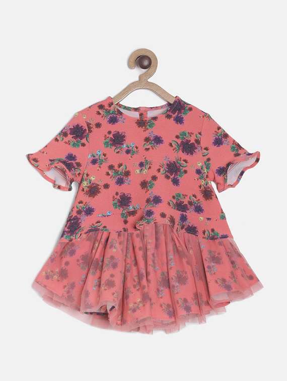 girls round neck floral printed skirt top set