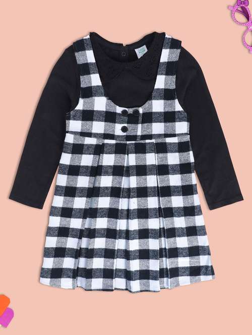 girls round neck check printed dungaree - 21186991 - Standard Image - 0