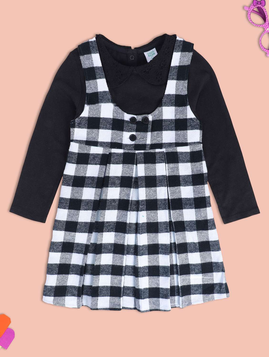 girls round neck check printed dungaree - 21186991 - Zoom Image - 0