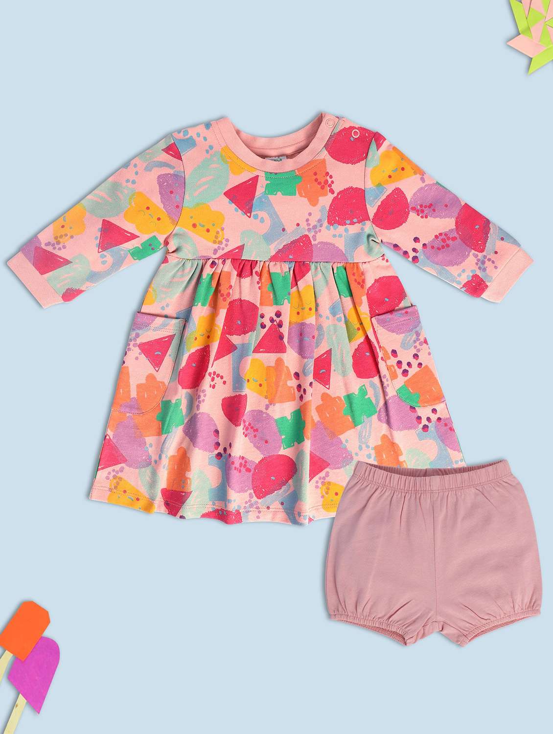 pink cotton blend frock with bloomer