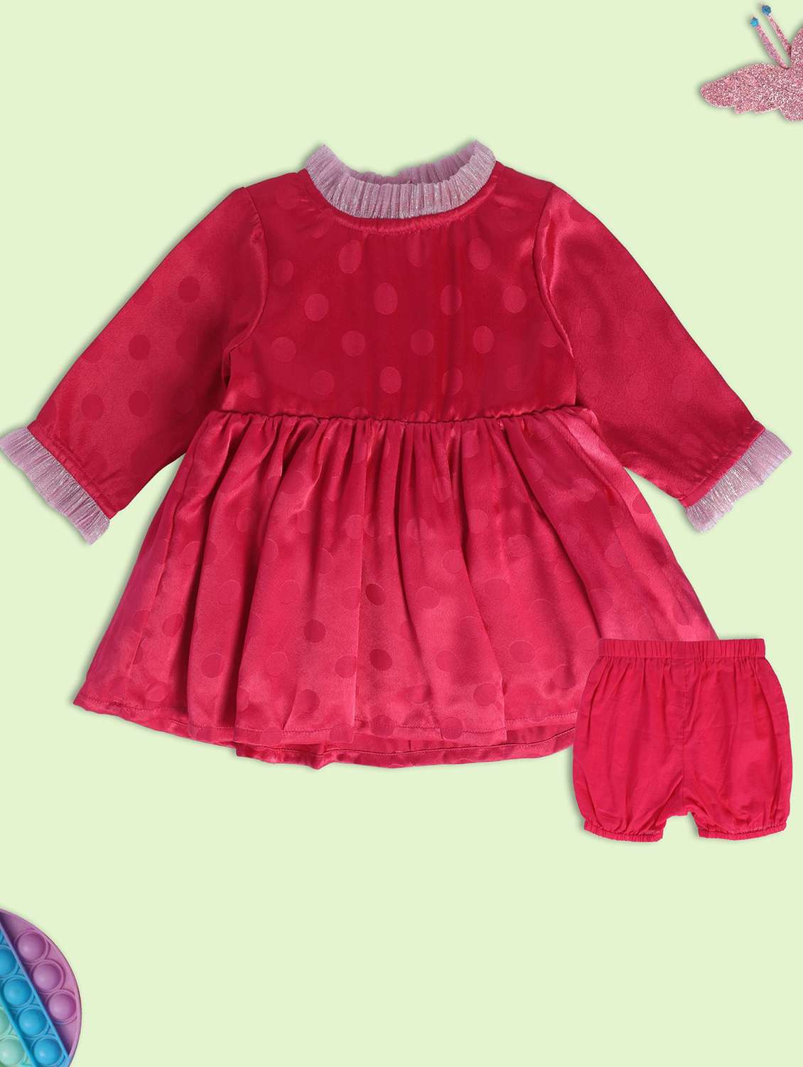 red cotton blend frock with bloomer