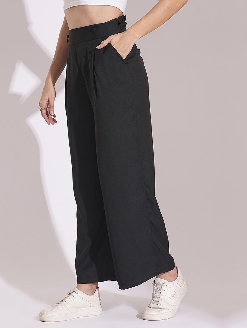 globus women black high-rise pleated back frilled waist wide leg trousers - 21193420 - Standard Image - 3