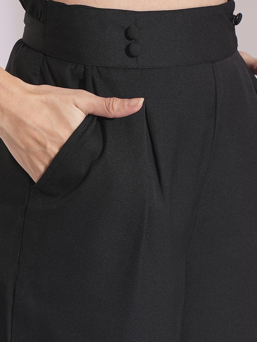 globus women black high-rise pleated back frilled waist wide leg trousers - 21193420 - Standard Image - 5