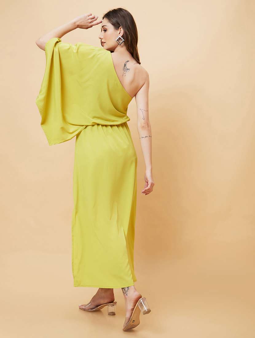 globus women yellow kimono sleeves one shoulder gathered waist fit & flare side slit maxi dress - 21193430 - Standard Image - 3